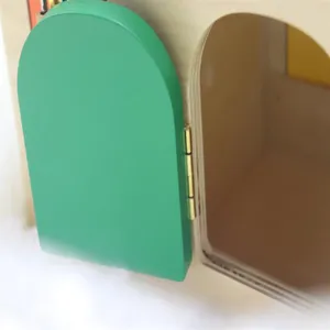 Wooden educational lock box toy detail, Montessori teaching aid hinge close-up view.