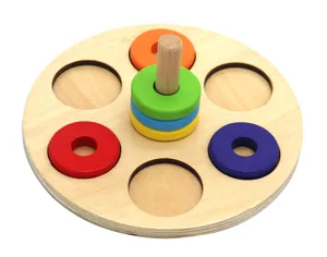 Montessori Holzpuzzlespielzeug für die Früherziehung, sechsfarbige Ringe zum Stapeln und Sortieren.
