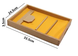 Wooden Montessori sand writing tray with stylus tool for early childhood education learning.