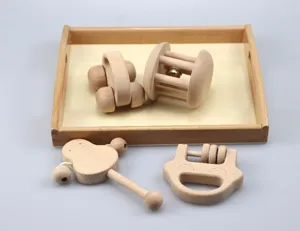 Wooden baby rattle toy set early education infant wooden grasping bells and trolley toys