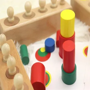 Montessori wooden socket cylinder blocks educational toy detail showing colorful stacking pegs.