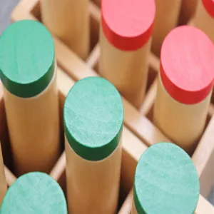 Montessori early education wooden sound cylinders sensory toy colorful detailed closeup