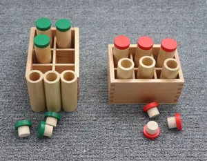 Montessori sensory sound cylinders toy, wooden early education learning toy set with colored lids.