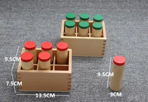 Montessori wooden sound cylinders set with dimensions for sensory education and toys.