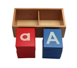 Wooden Montessori red and blue alphabet cards detail with storage box for kids learning.