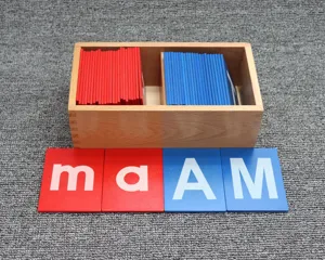 Montessori wooden letter cards set with storage box, red and blue alphabet learning toy.