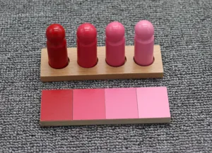 Montessori wooden color matching toy set detail showing gradient red pegs and matching boards.