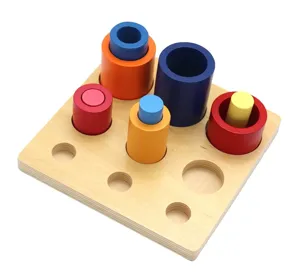 Montessori wooden cylinder socket block detail, sensory training educational toy for kids.