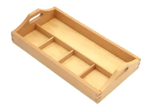 Wooden sorting tray detail, Montessori education toy for infant, natural wood storage box.
