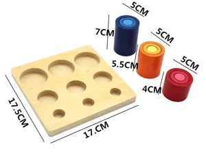 Wooden Montessori sensory cylinder socket block toy detail showing size and shape variations.