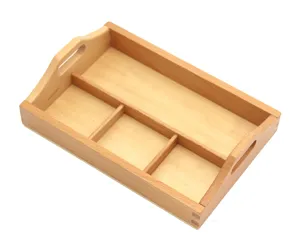 Wooden sorting tray detail, Montessori educational toy for baby, natural wood with compartments.