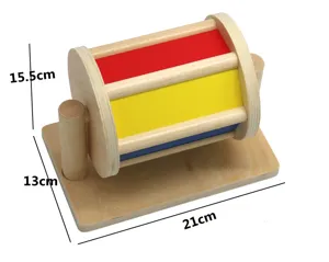 Wooden Montessori spinning drum toy detail, color cognitive teaching aid dimensions view.