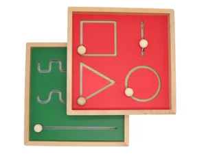 Montessori wooden tracking board toy detail showing shape paths and smooth wooden bead coordination.