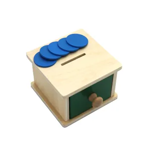 Montessori Wooden Coin Box Educational Toy with Storage Drawer and Blue Discs for Kids