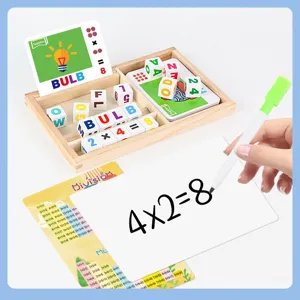 Kids educational spelling and math learning block set with wooden tray and flash cards.