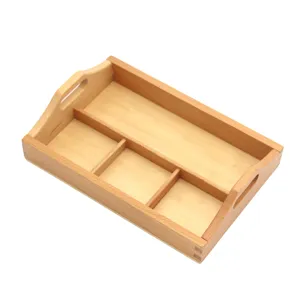 Wooden compartmentalized sorting tray for early education and baby toy storage organization.