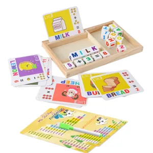 Children's wooden educational toy set with spelling cards, math blocks, and learning mats for kids.