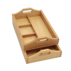 Wooden Montessori sorting tray for infant early education, multi-compartment stackable toy storage.