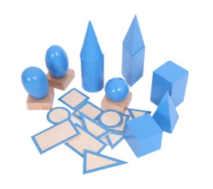 Montessori wooden geometric solids set for kids early education, sensory toy learning shapes.