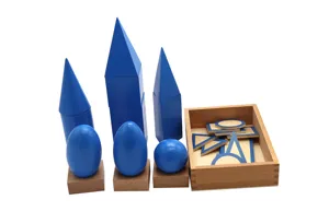 Montessori wooden geometric solids set educational sensory toy detailed components display.