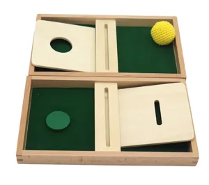 Montessori wooden educational toy detail view, drop board with wooden tray and pieces.