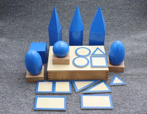 Montessori wooden geometric solids set detailing blue shapes and matching flat tiles for kids.