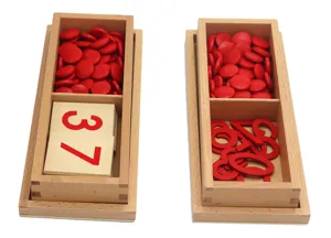 Montessori math educational wooden toy set with red counters and number cards for kids learning.