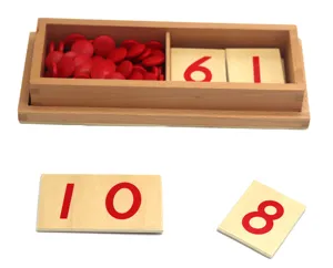 Montessori wooden math toy set with red counters and number tiles for kids early learning.