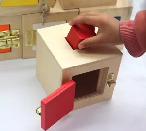 Montessori wooden lock box toy for kids early education sensory training and skill learning.