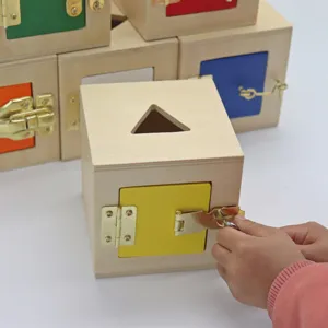 Wooden sensory lock box toy detail, Montessori early education toddler learning tool.