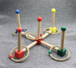 Wooden ring toss game for kids, Montessori educational toy with colorful pegs and rope rings.