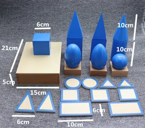 Montessori wooden geometric solids set educational toy detailed view showing dimensions and shapes.