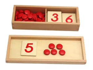 Montessori wooden math educational toy with numbers and red chips for early childhood learning.