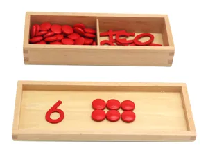 Montessori wooden math toy detail showing red counters and wooden numbers in storage box.
