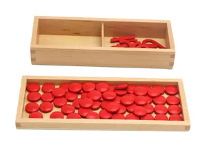 Montessori wooden math toys set with red chips and numbers for early childhood education.