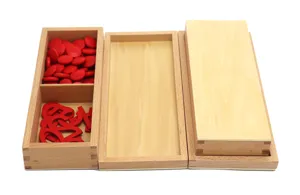 Montessori math toy set with wooden box, red counters and numbers for early education detail.