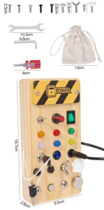 Wooden busy board Montessori sensory toy with switches, LED lights and hardware tools for kids.