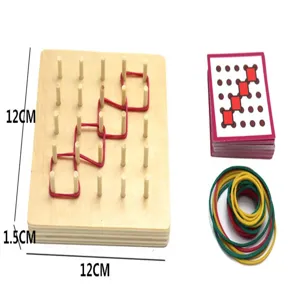 Wooden geoboard detail showing 12x12cm size, colorful rubber bands and pattern cards.