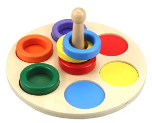 Montessori wooden sorting toy with colorful rings and central stacking peg for early childhood.