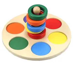 Montessori wooden color matching and ring stacking toy detail view, early educational toy.