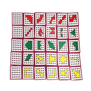 Wooden geoboard pattern cards detail shot showing colorful geometric shapes on dot grids.
