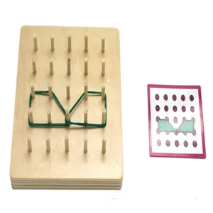 Wooden geoboard detail view showing wooden pegs, elastic rubber bands, and geometric cards.