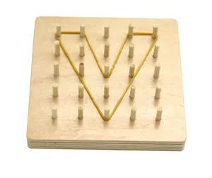 Wooden geoboard detail shot, educational shape matching toy for kids early learning geometry.