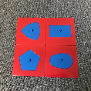 Montessori metal geometry inset toys, red and blue educational shapes for kids early learning.
