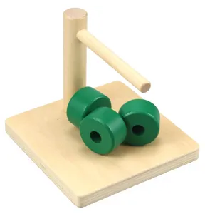 Montessori wooden educational toy detail showing base, pillars and green rings for early learning.