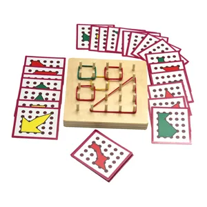 Wooden Montessori geoboard toy with pattern cards and rubber bands for kids early math education