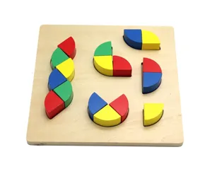 Close-up detail of wooden educational puzzle board with colorful geometric shape pieces.