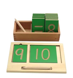 Montessori wooden math number tracing board set with green cards and wooden stylus pen.