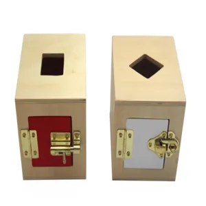 Montessori wooden shape sorting box, early educational toy with colorful doors and locks.