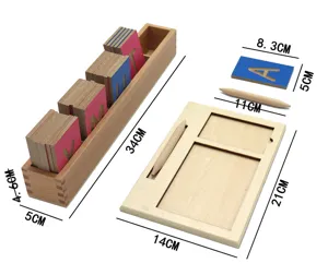 Montessori wooden tracing board set with letter cards, stylus and storage box for kids early education.